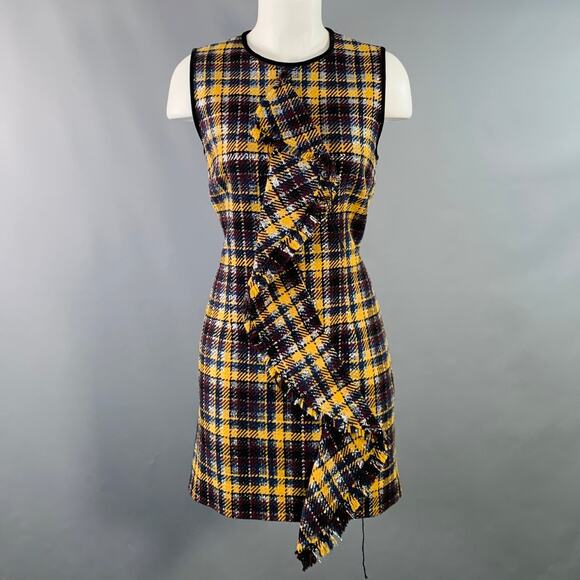 MSGM Size 8 Yellow Black Silver Wool Blend Plaid Ruffle Mini Dress